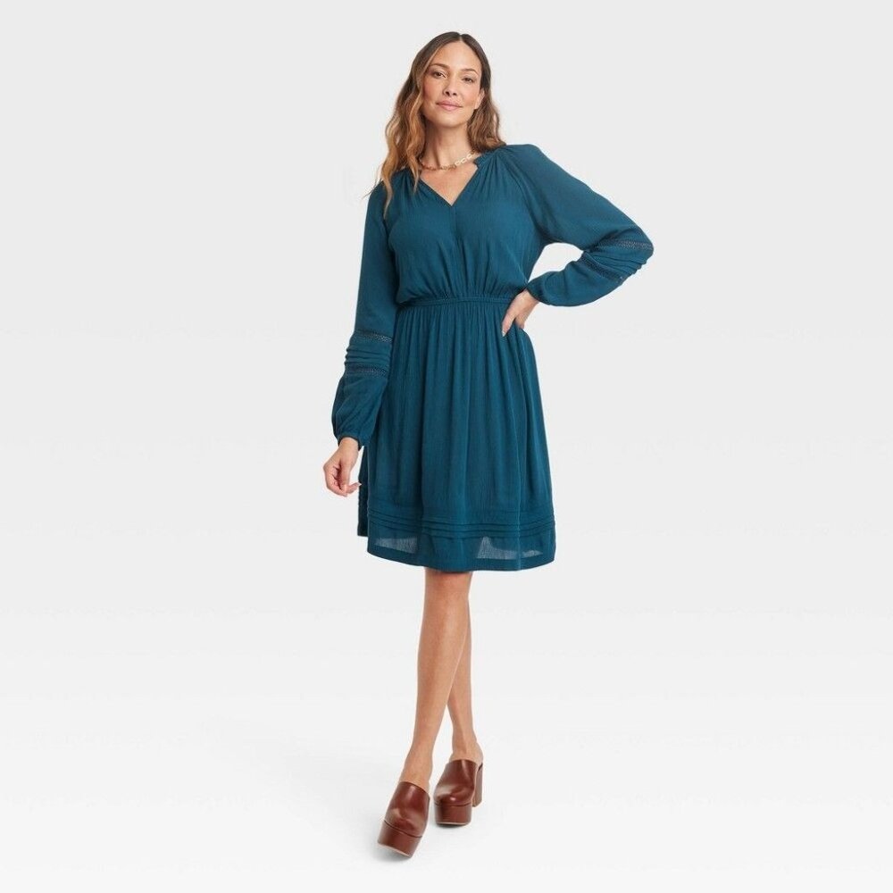 Knox Rose Women's Long Sleeve Lace Dress Dark Teal Blue Size XS